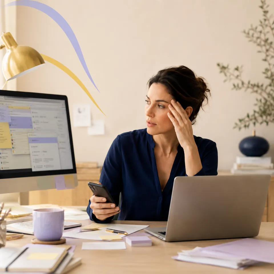 Mujer cansada trabajando frente a una laptop